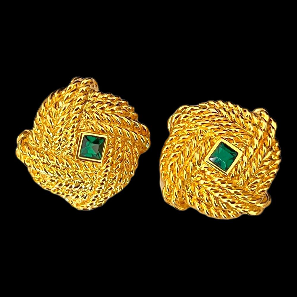 Vintage 1990s Swarovski Green Crystal Earrings Gold Tone Swan Signed Clip - 5D